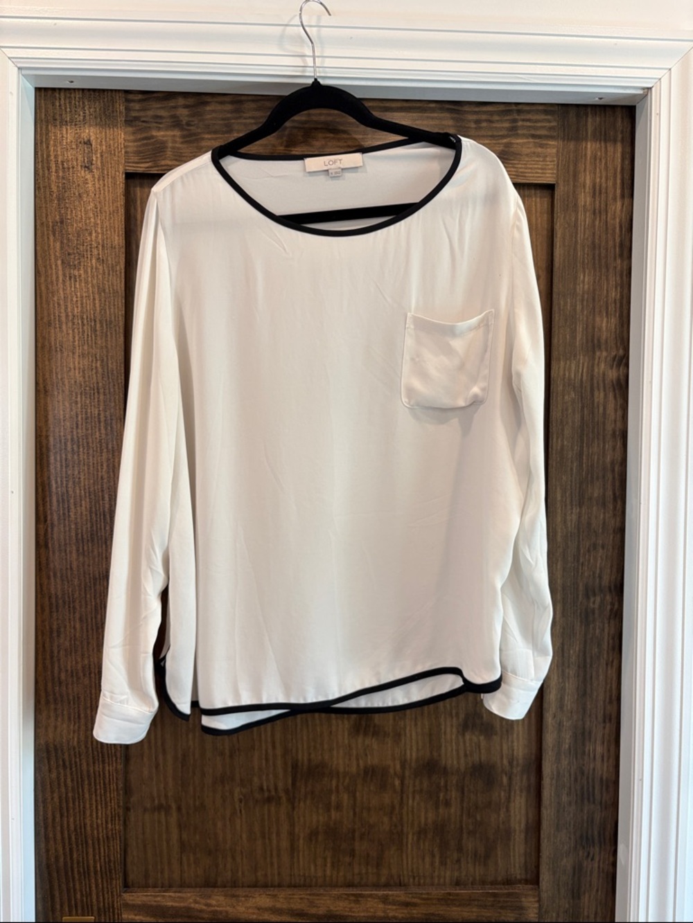 LOFT Ivory Long-Sleeve Pocket Top with Black Trim